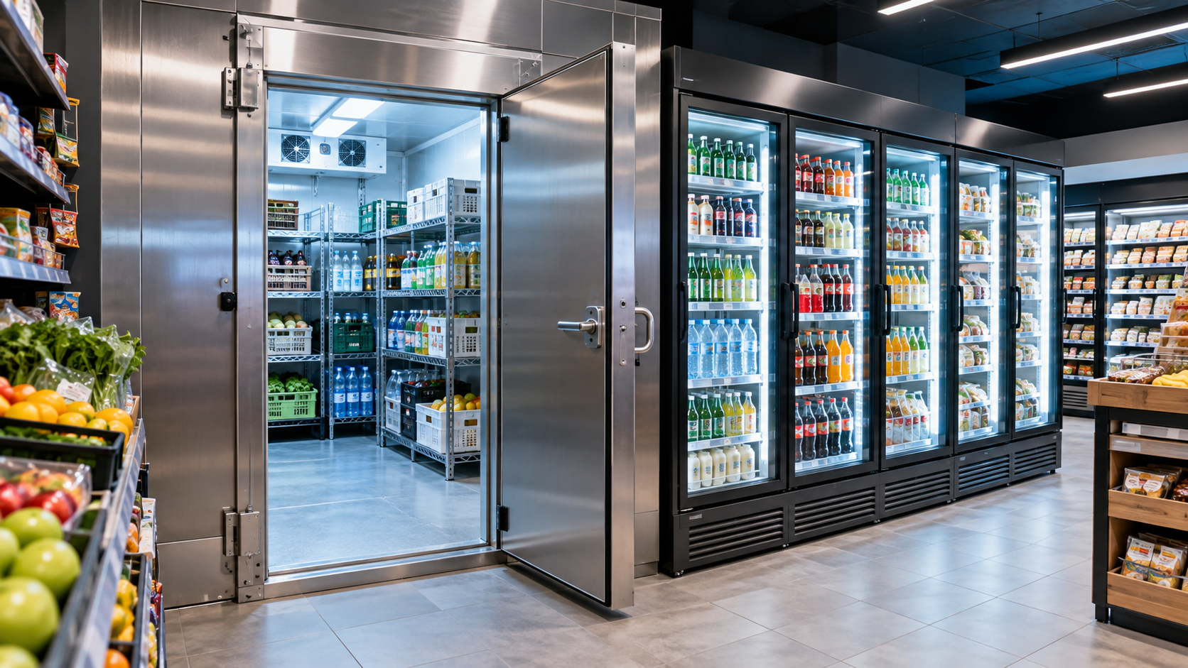 Illustrative shop fridges and walk-in cold room